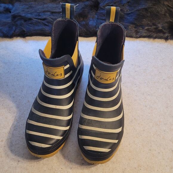 JOULES Womens Wellibob Short Rain Boots 7 Navy Yellow Stripe Waterproof Ankle - Picture 9 of 9